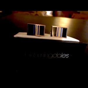 Bloomingdale’s rectangular cuff links striped in black, blue and silver